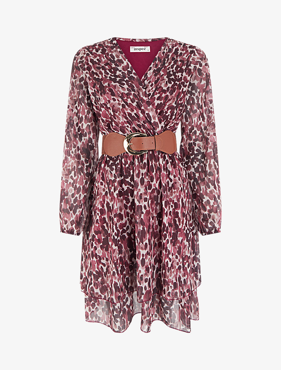 Robe imprimé fantaisie à col cache coeur - Lie de vin - 1