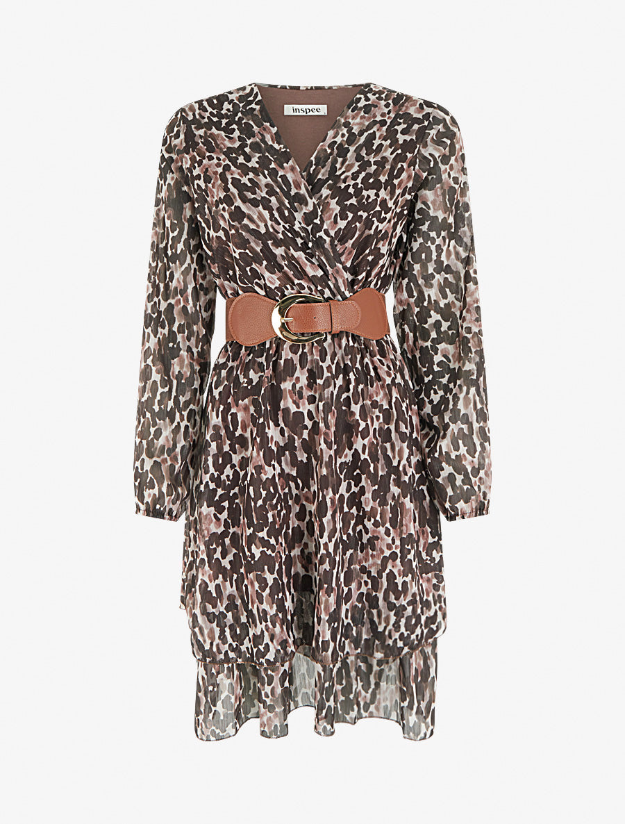Robe imprimé fantaisie à col cache coeur - Marron - 1