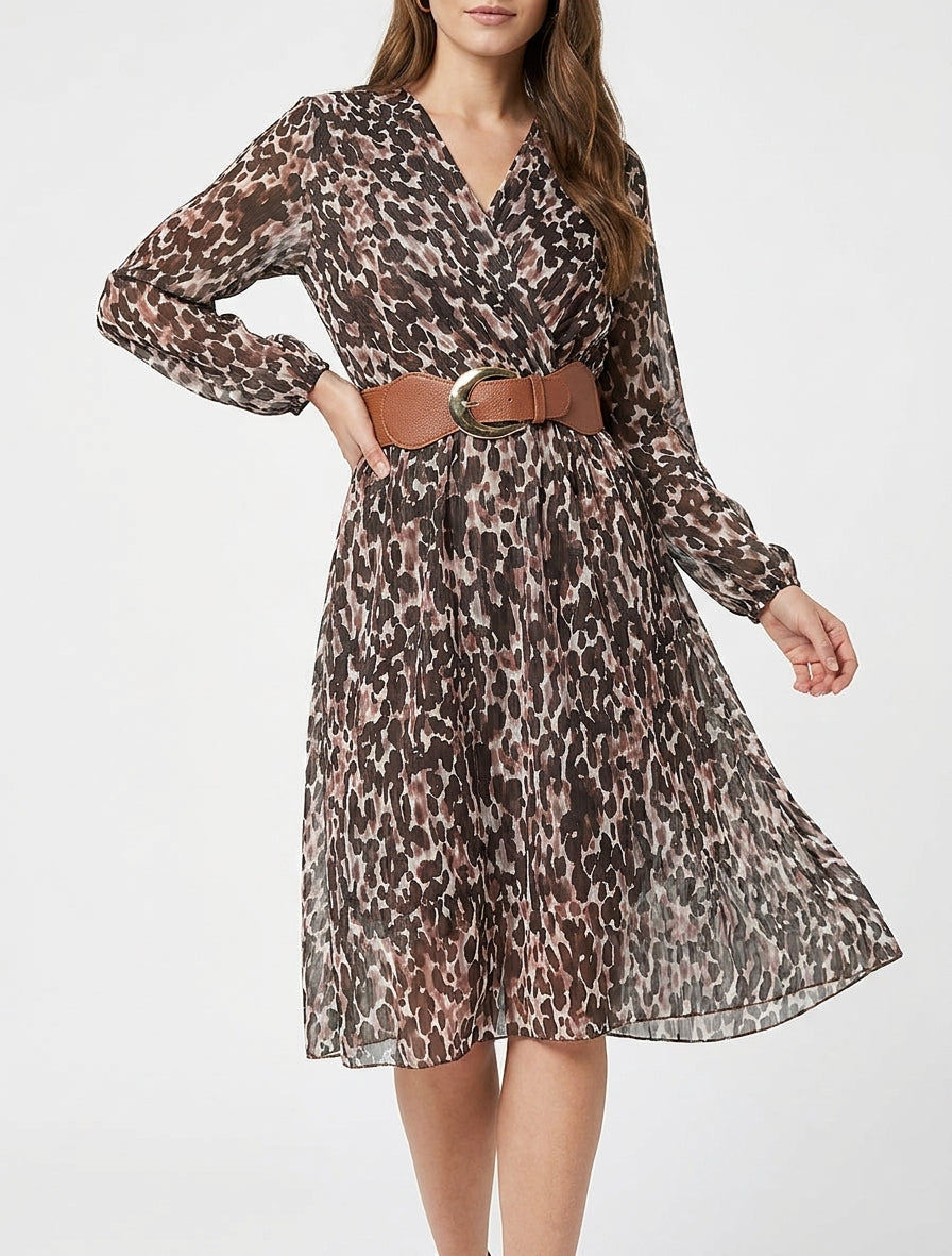 Kleid mit Fantasiemuster und Wickelausschnitt - Braun