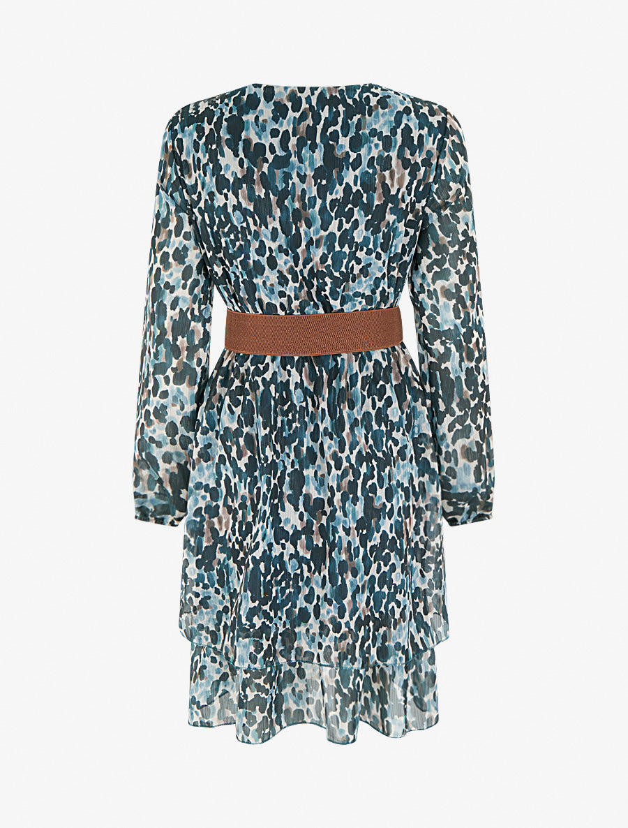 Robe imprimé fantaisie à col cache coeur - Bleu canard - 2