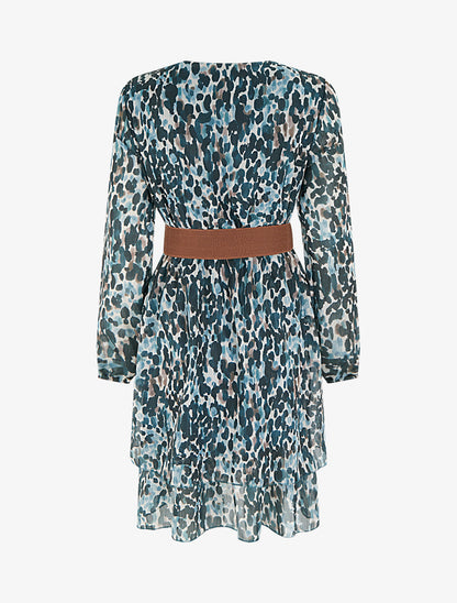 Robe imprimé fantaisie à col cache coeur - Bleu canard - 2