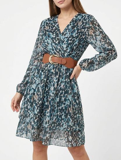 Kleid mit Fantasiemuster und Wickelausschnitt - Entenblau