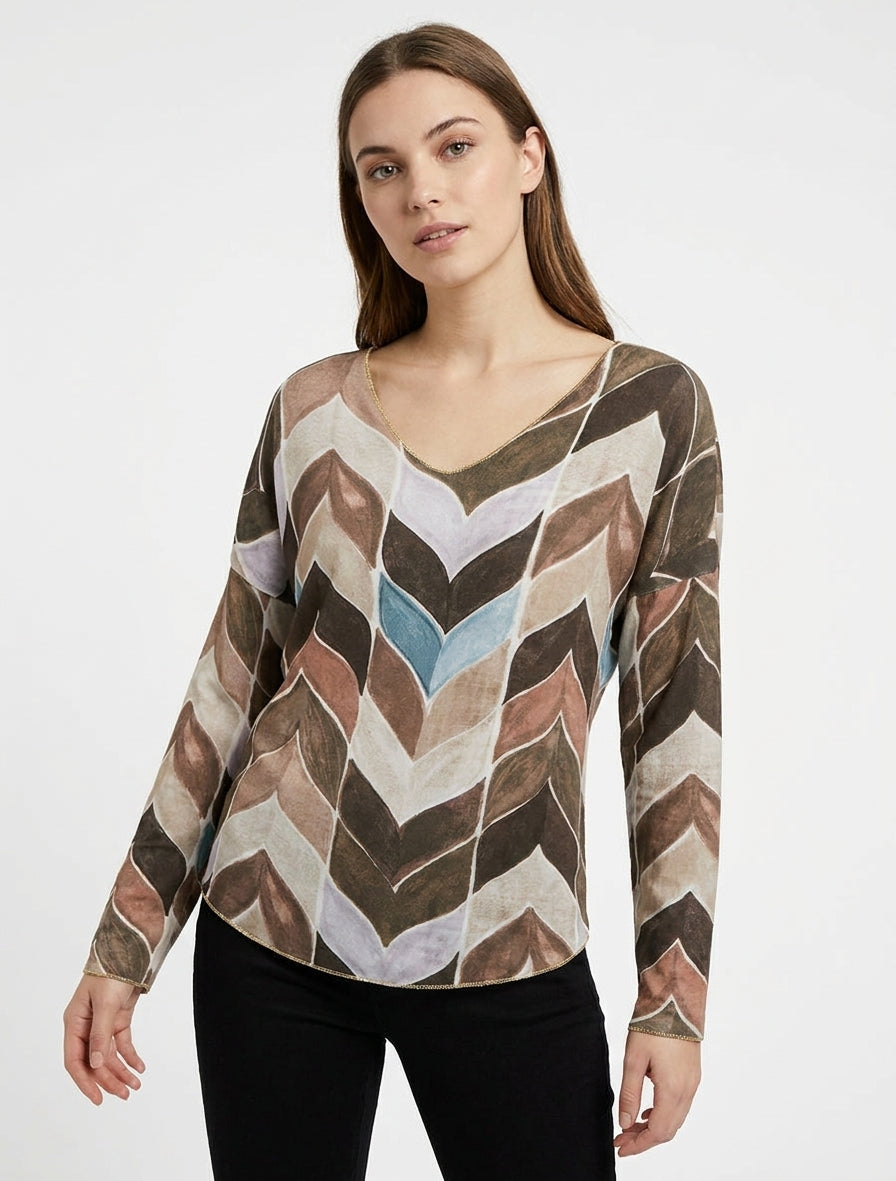 Feinstrickpullover mit Fantasie-Zickzackmuster - Braun