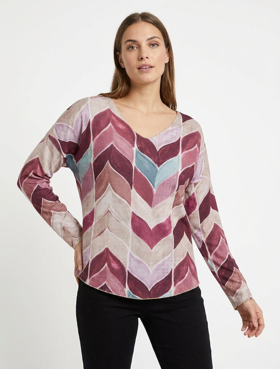 Feinstrickpullover mit Fantasie-Zickzackmuster - Pflaume