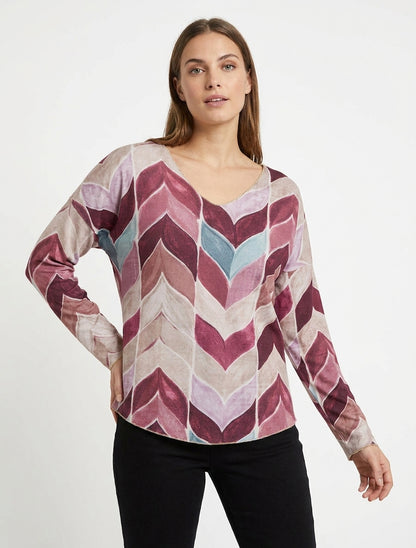 Feinstrickpullover mit Fantasie-Zickzackmuster - Pflaume