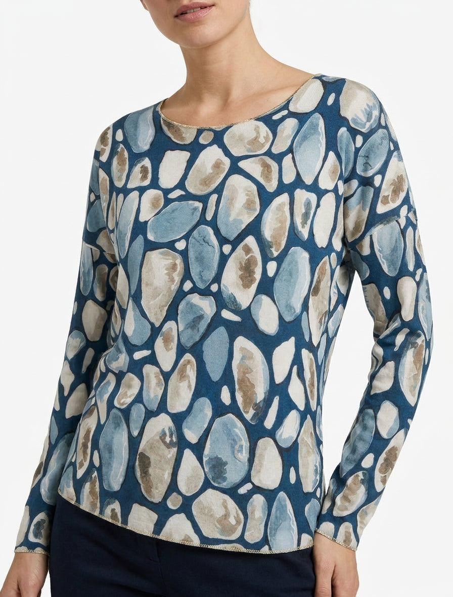 Feiner Pullover mit Rundhalsausschnitt und Kieselsteinmuster - Entenblau