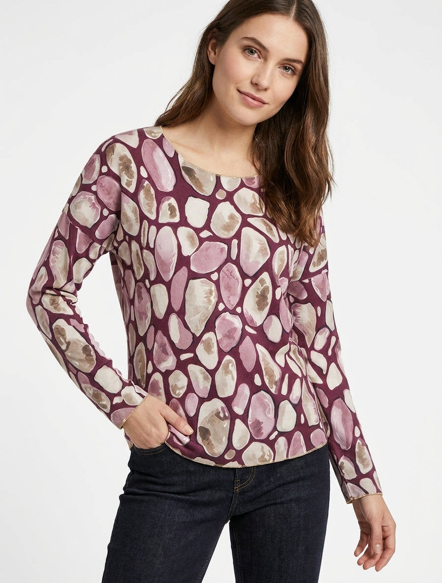 Feiner Pullover mit Rundhalsausschnitt und Kieselsteinmuster - Pflaume