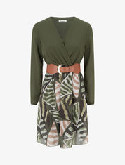 Robe évasée à imprimé feuilles abstraites - Kaki - 1