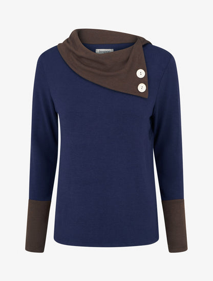 Pull fin bicolore à col drapé asymétrique - Marine/marron - 1