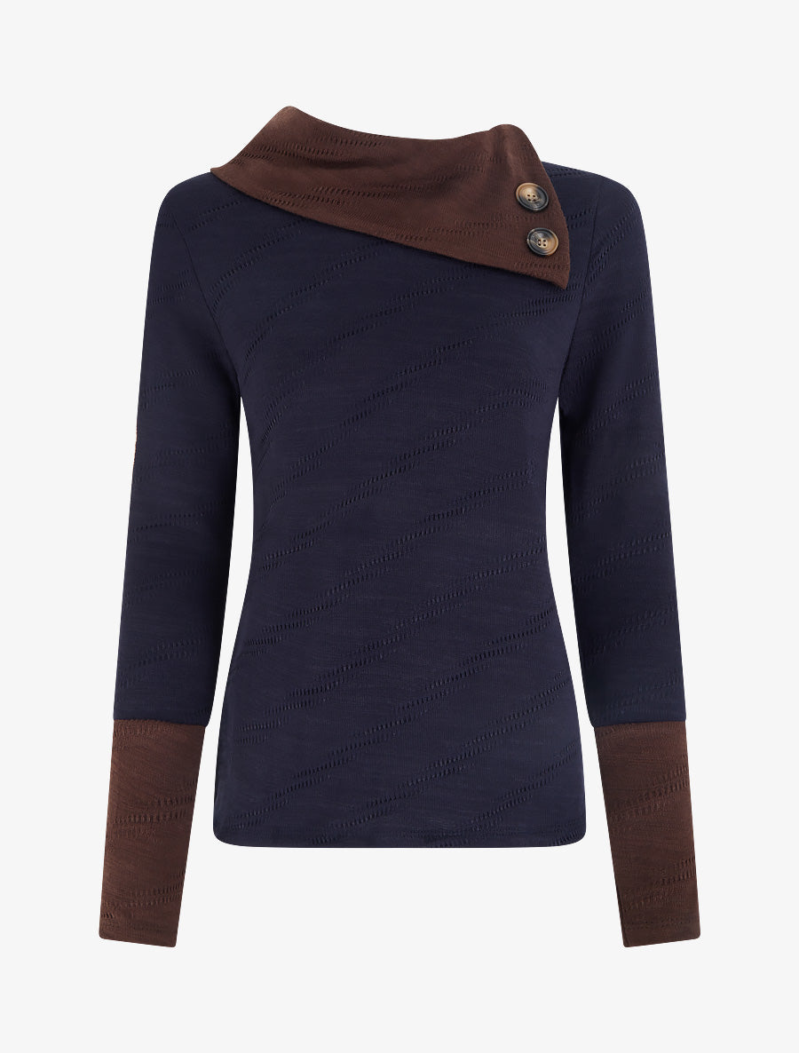 Pull texturé à col fantaisie boutonné - Marine - 1
