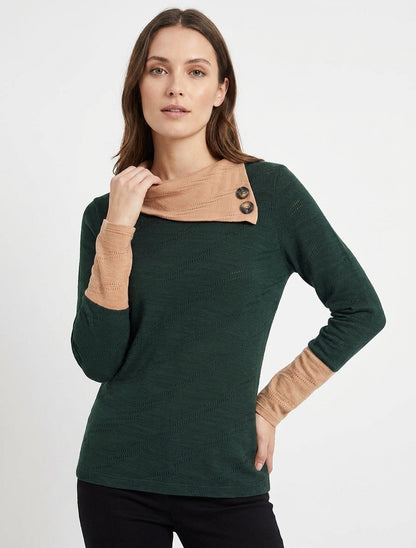 Texturierter Pullover mit Knopf-Fantasiekragen - Dunkelgrün