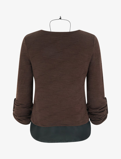 Pull texturé à col rond et doublure apparente - Marron - 2
