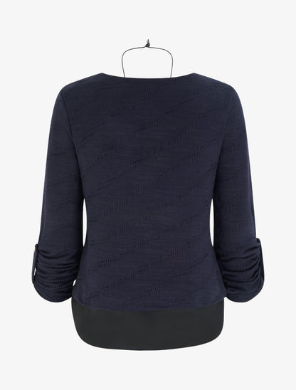 Pull texturé à col rond et doublure apparente - Marine - 2