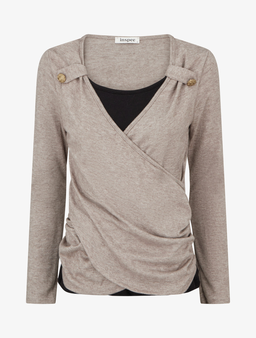 Pull fin uni à boutons décoratifs - Taupe - 1