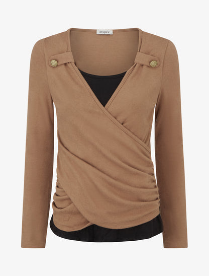 Pull fin uni à boutons décoratifs - Camel - 1