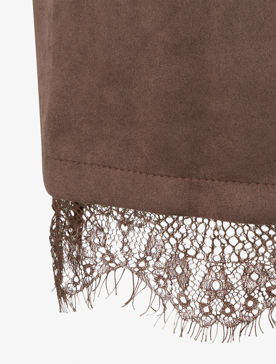 Robe droite en maille et suédine à bords en dentelle - Marron/marine - 3