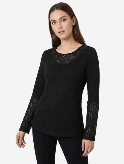 Gerader Pullover mit Spitzenkragen und -ärmeln. - Schwarz