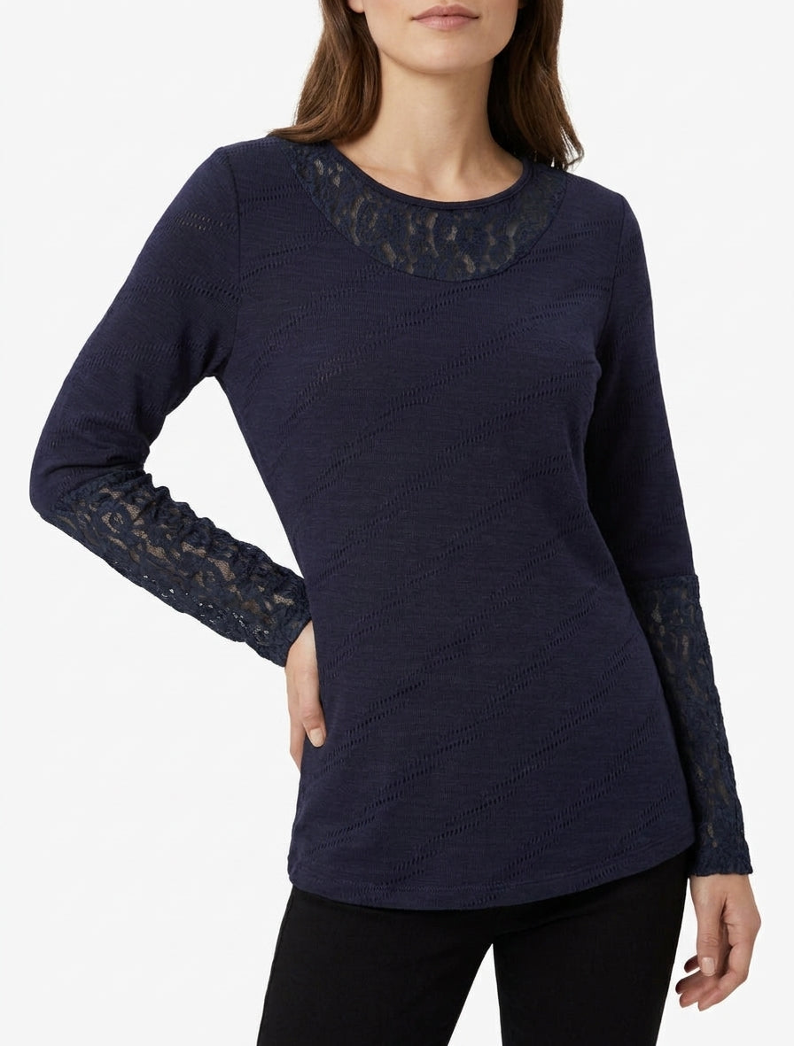 Gerader Pullover mit Spitzenkragen und -ärmeln - Marine