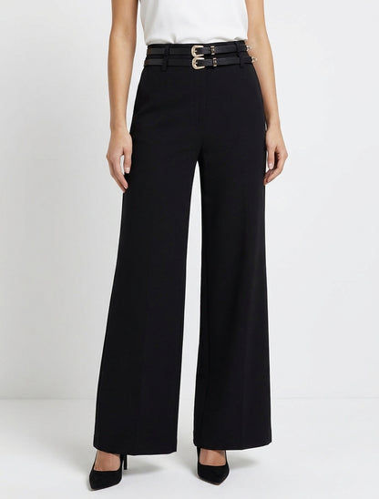 Weite Hose mit hoher Taille und doppeltem Gürtel - Schwarz