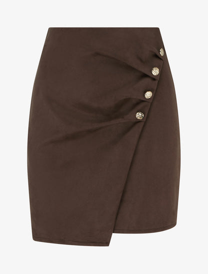 Jupe style portefeuille en suédine à boutons - Marron - 1