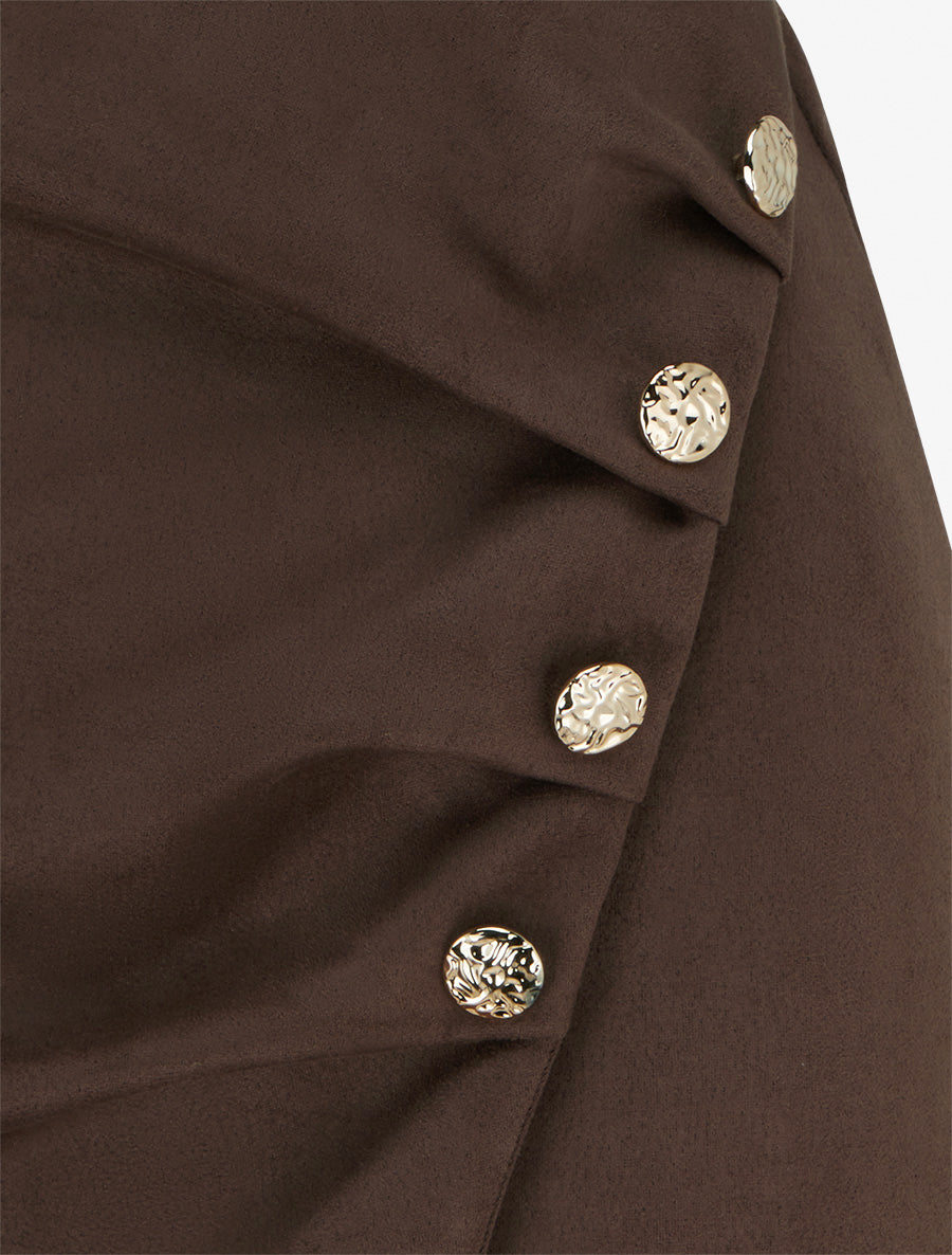 Jupe style portefeuille en suédine à boutons - Marron - 3
