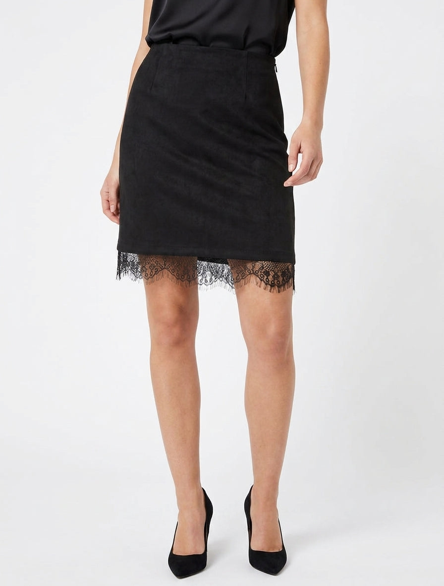 Gerader Rock aus Wildlederimitat mit Spitzenkanten - Schwarz