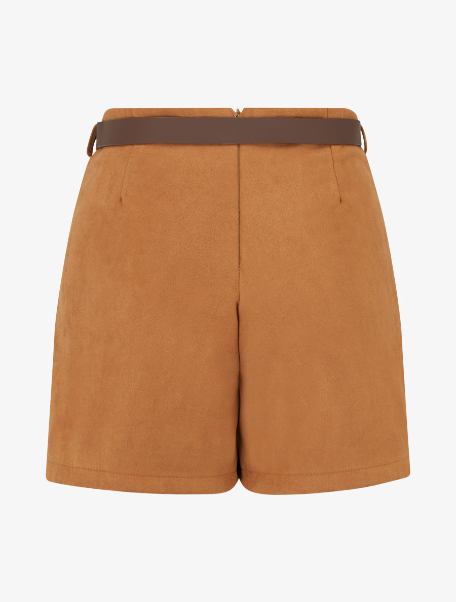 Jupe-short portefeuille en suédine à ceinture - Camel - 2