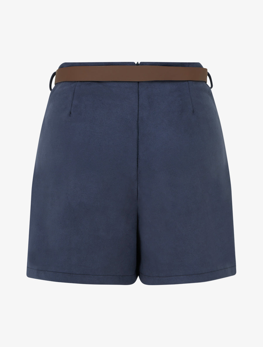 Jupe-short portefeuille en suédine à ceinture - Marine - 2