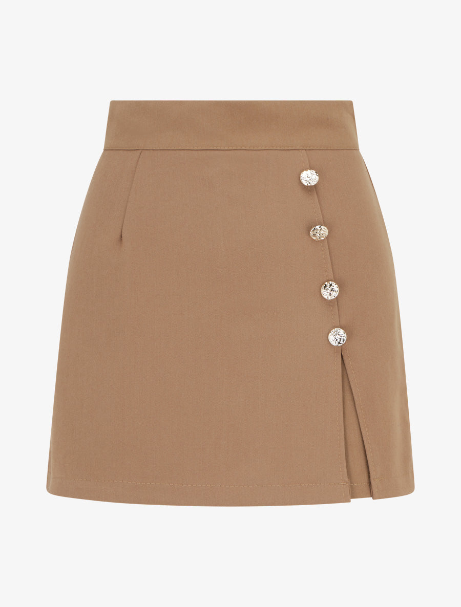 Jupe-short fendue à boutons décoratifs - Camel - 1
