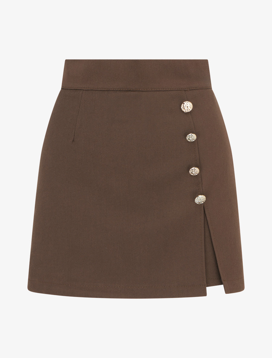 Jupe-short fendue à boutons décoratifs - Marron - 1