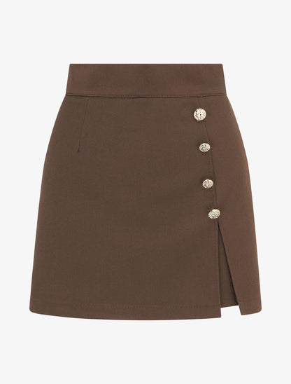 Jupe-short fendue à boutons décoratifs - Marron - 1