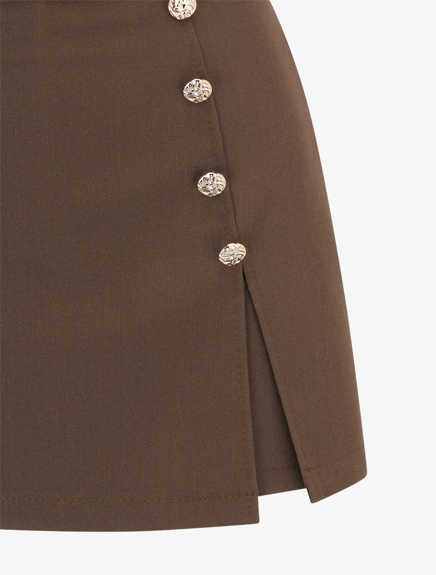 Jupe-short fendue à boutons décoratifs - Marron - 3