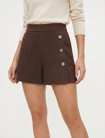 Filzshorts mit hoher Taille und dekorativen Knöpfen - Braun