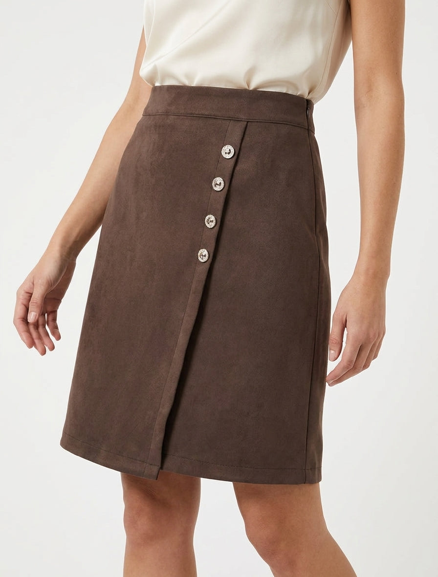Wickelrock aus Wildlederimitat mit Knöpfen - Braun