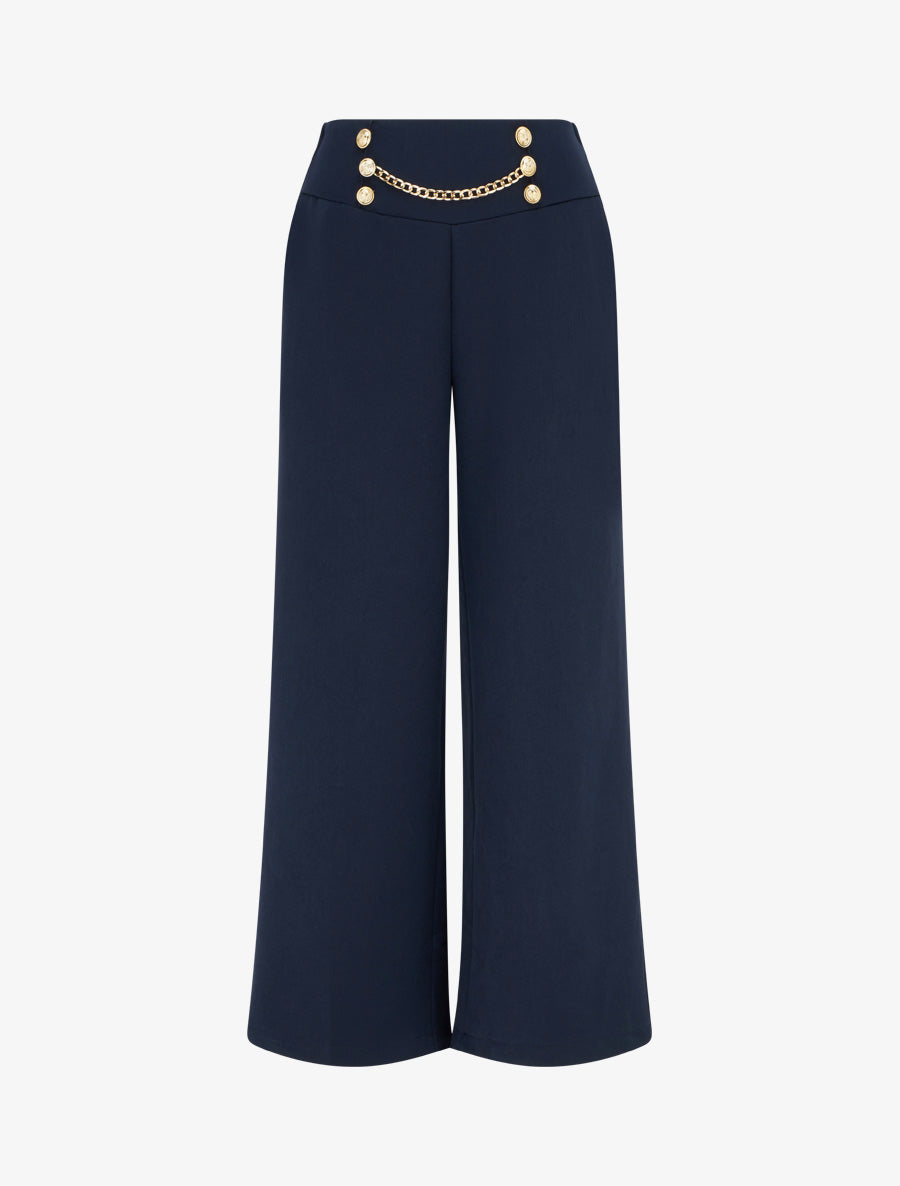Pantalon taille haute à boutons et chaîne - Marine - 1