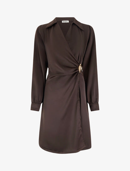 Robe portefeuille satinée à manches longues et bijou - Marron - 1
