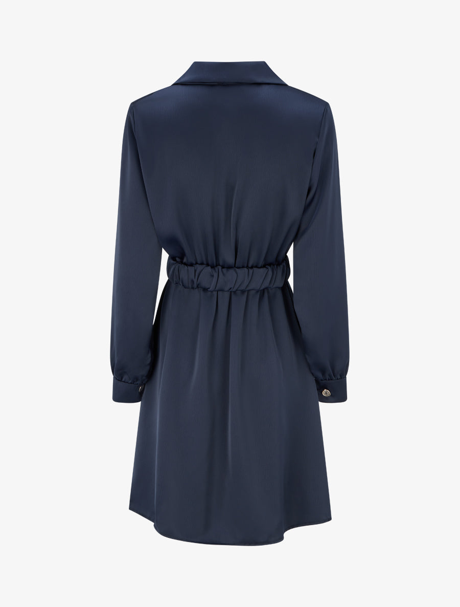Robe satinée style chemise à manches longues - Marine - 2