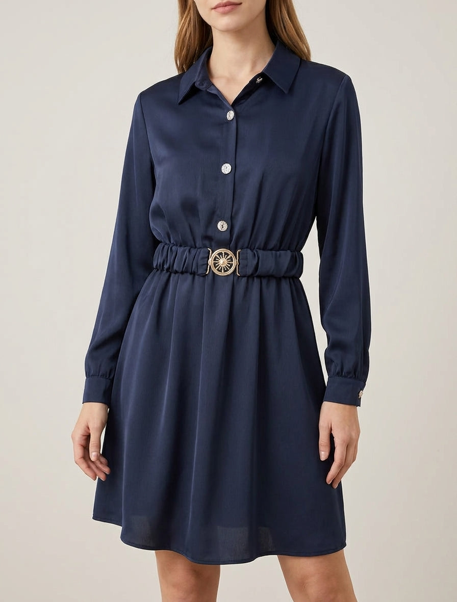 Satinhemdkleid mit langen Ärmeln - Marine