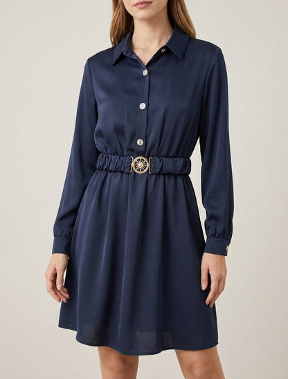 Satinhemdkleid mit langen Ärmeln - Marine