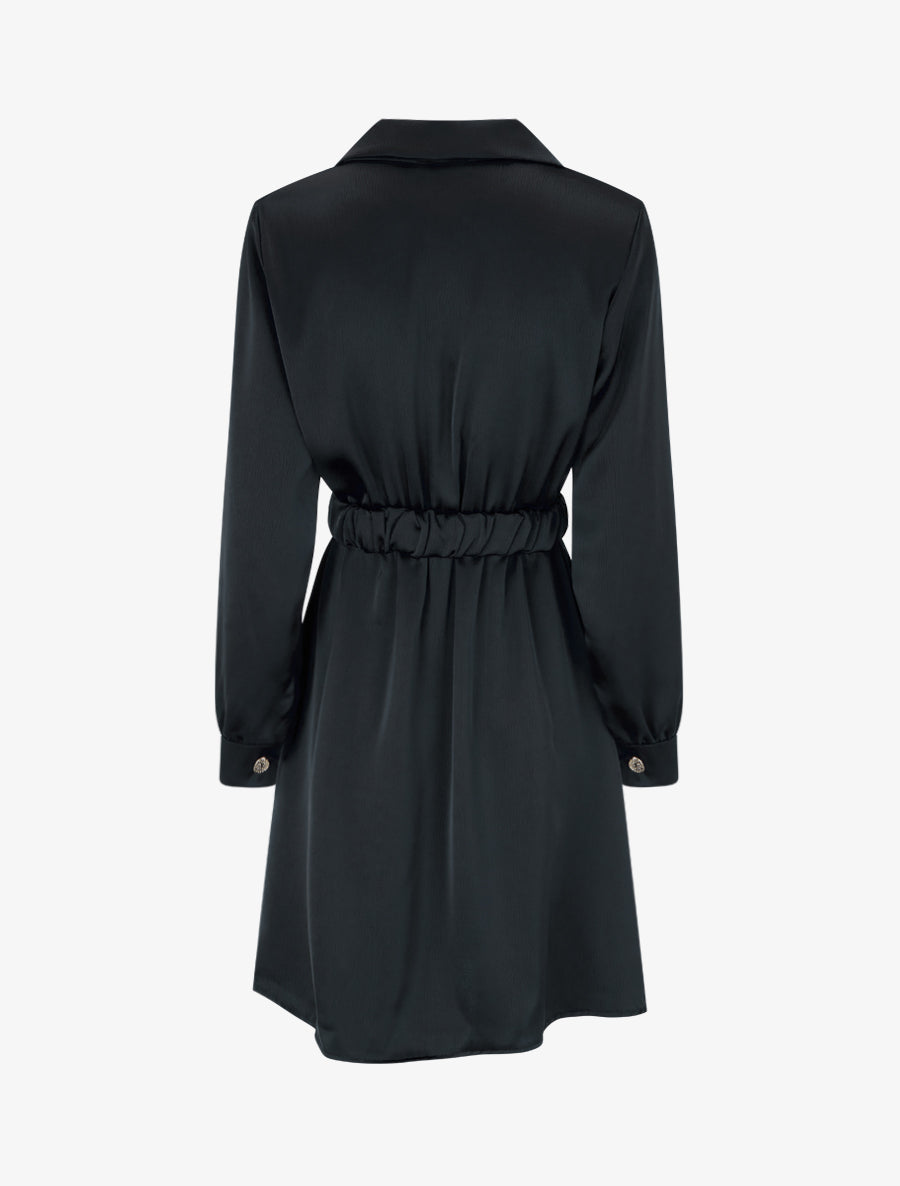 Robe satinée style chemise à manches longues - Noir - 2