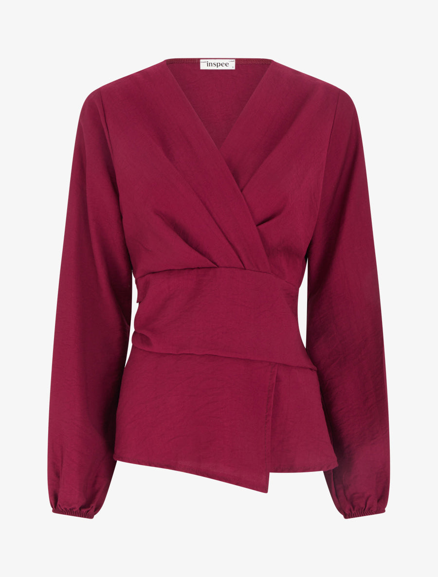 Blouse unie à col cache-coeur - Lie de vin - 1