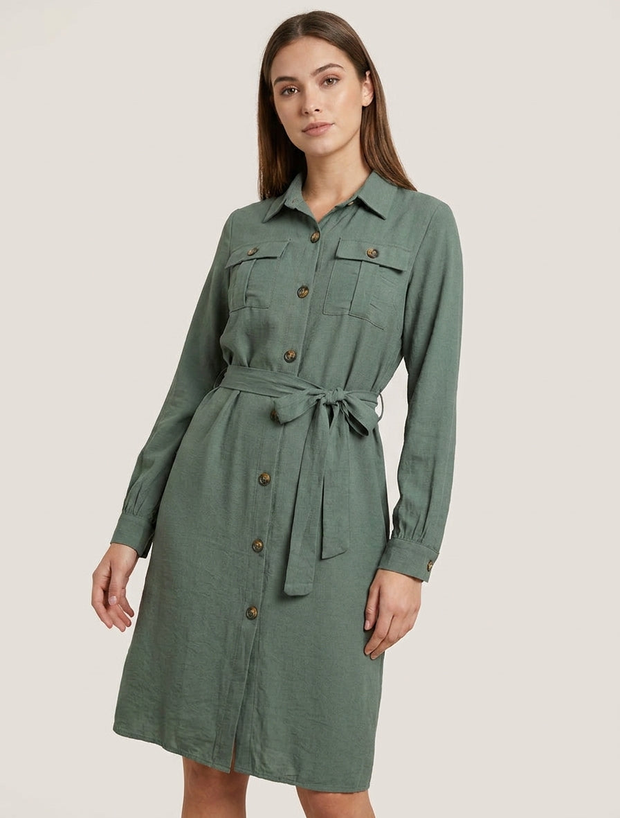 Einfarbiges Hemdkleid zum Binden - Kaki