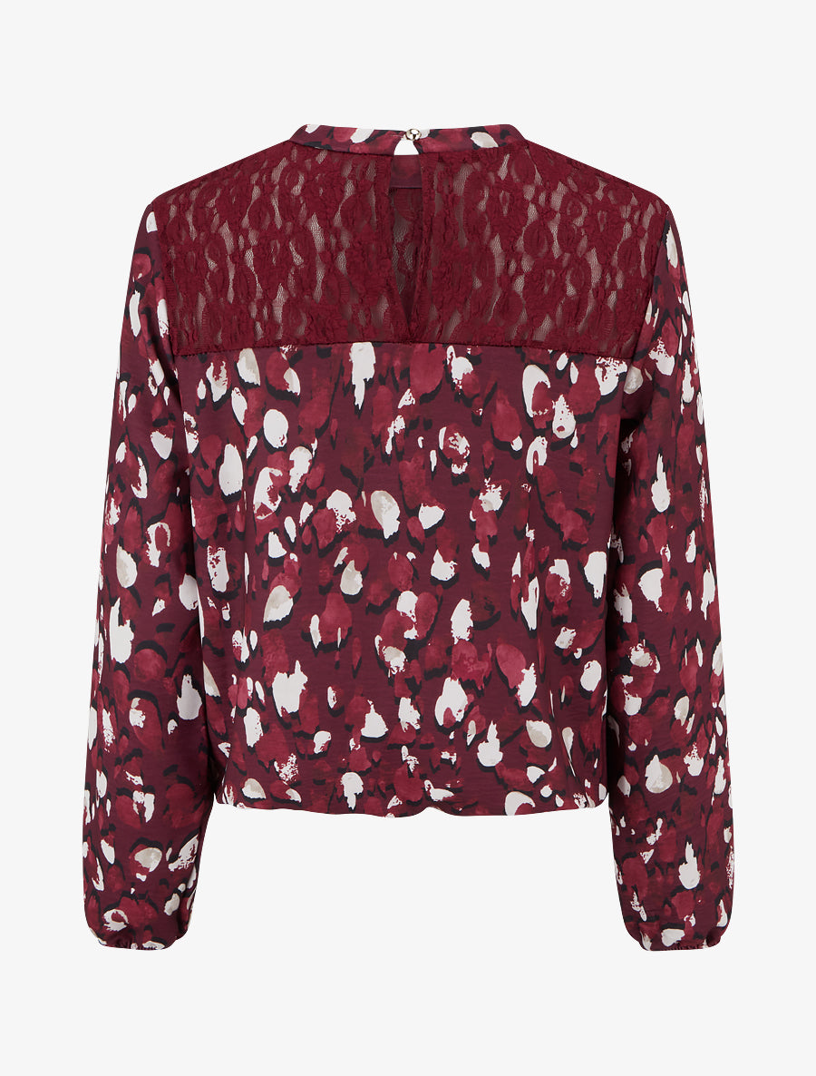 Top boule à col dentelle et imprimé fantaisie - Lie de vin - 2