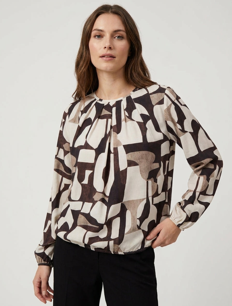 Retro bedruckte Bluse mit Rundhalsausschnitt - Braun