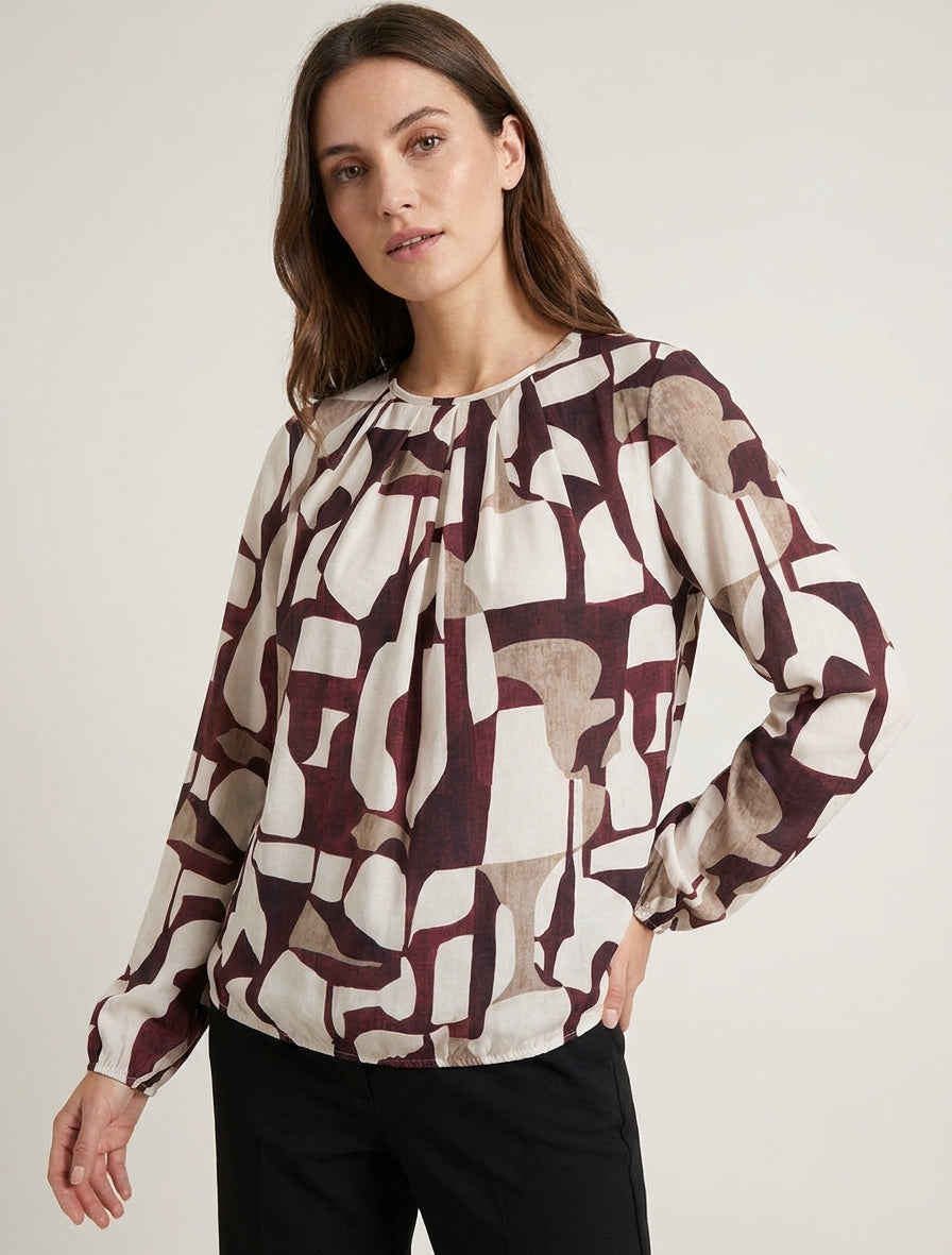 Retro bedruckte Bluse mit Rundhalsausschnitt - Bordeaux