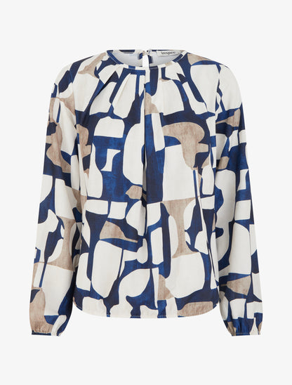 Blouse imprimé rétro à col rond - Marine - 1