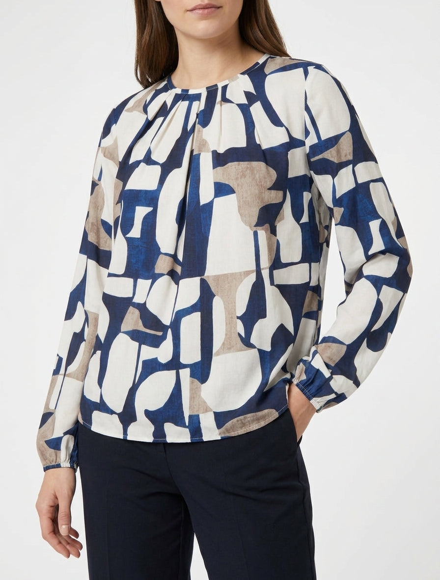 Retro bedruckte Bluse mit Rundhalsausschnitt - Marine