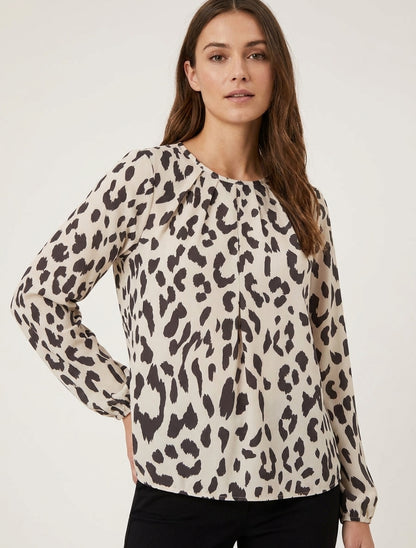 Rundhalsausschnitt Bluse mit Kuhdruck - Braun