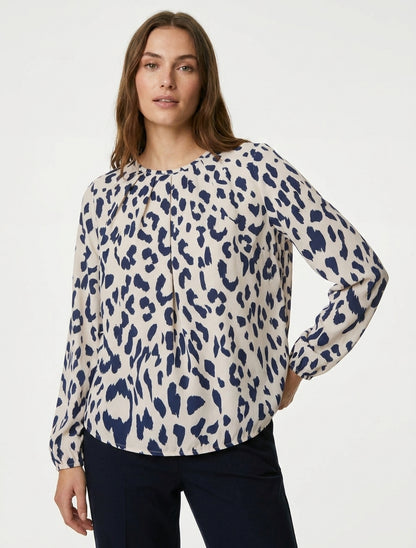 Rundhalsausschnitt Bluse mit Kuhdruck - Marine