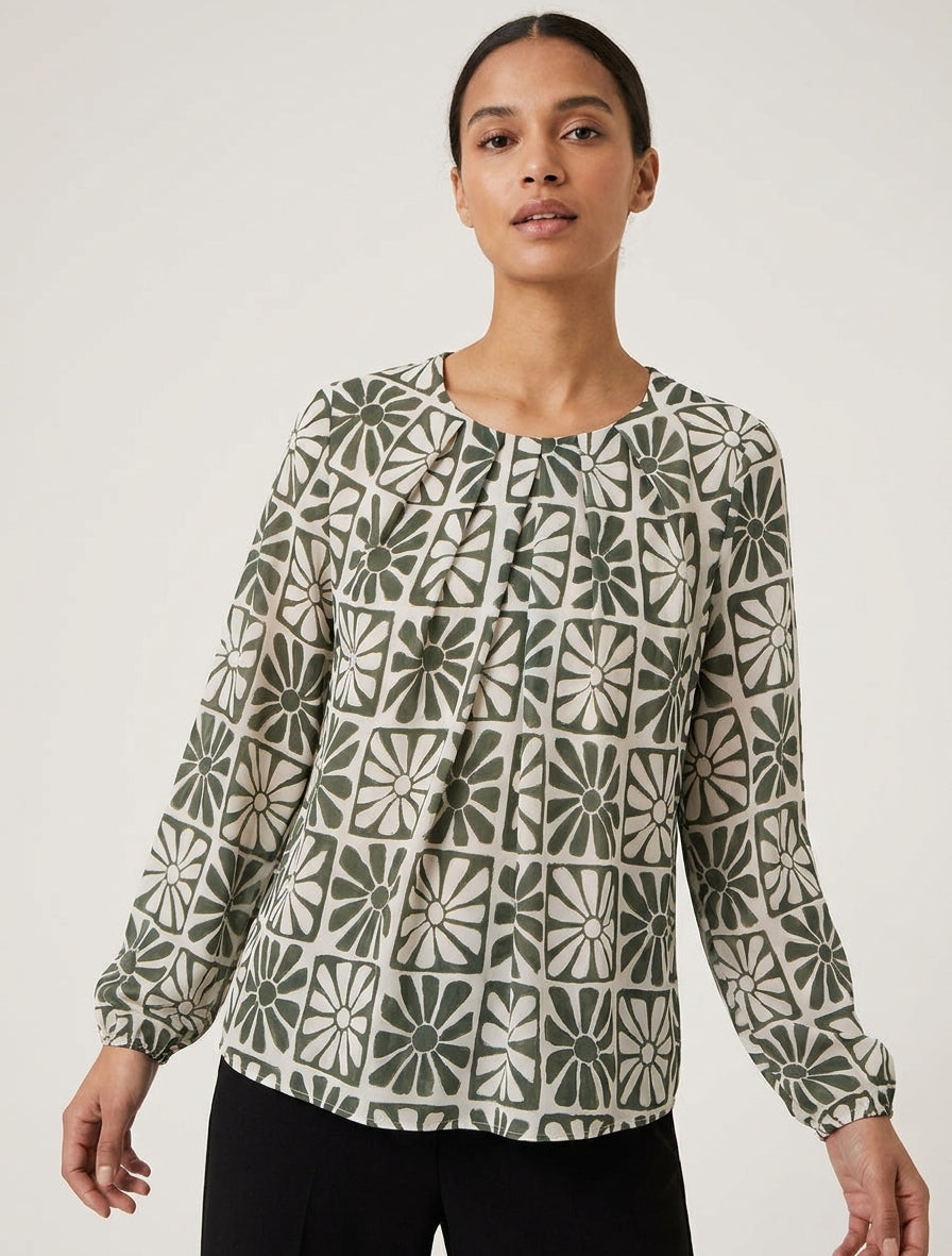 Langarm-Top mit Gänseblümchen-Print - Kaki